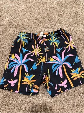 Chubbies-Black Tropical Palm Print Swim Shorts - Pink, Blue & Yellow